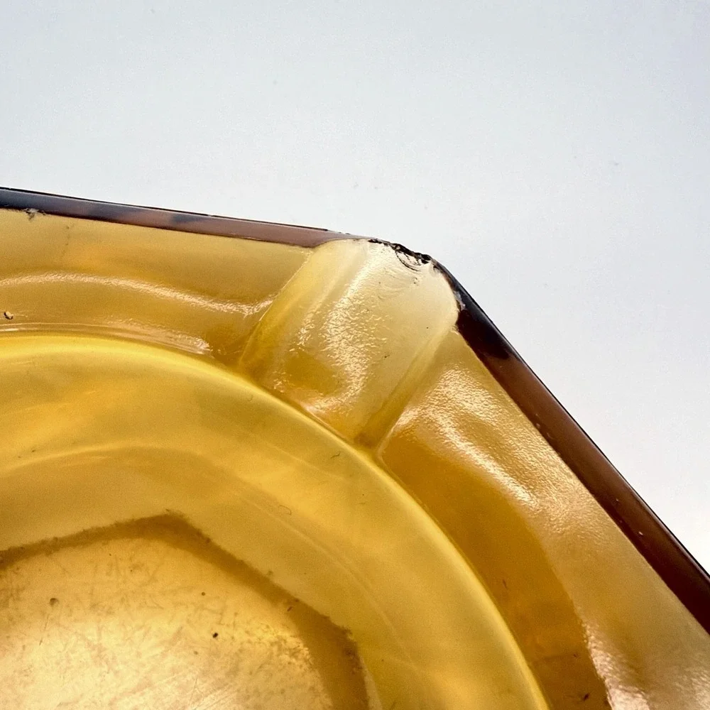 Vintage Amber Glass Ashtray Hexagonal Faceted Rim With Four Notches